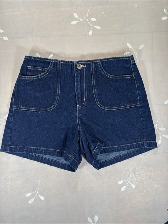 Garage Pants - VTG Y2K Garage Dark Blue Denim Patch-Pocket Shorts Woman SZ 7 Summer mid-Waist